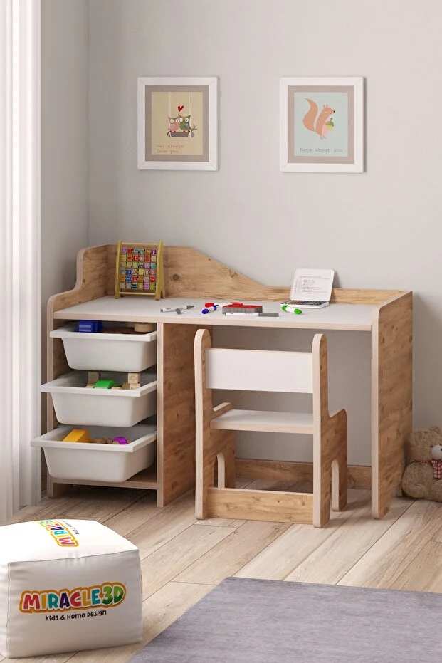 Çocuk Oyun Aktivite Masası 90x45 Cm 3 Sepetli Çocuk Çalışma Masası Sırt Dayamalı Sandalye